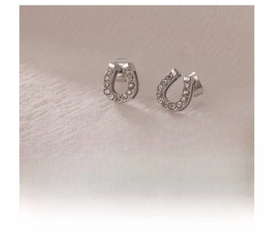 Detail of silver horseshoe U-shaped earrings in titanium steel with cubic zirconia