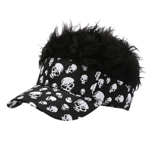 Casquette de baseball motif crâne avec perruque de cheveux longs noirs Halloween