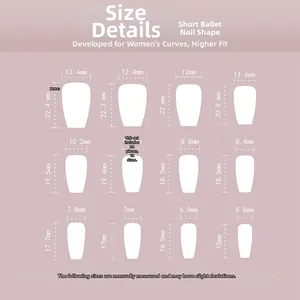 Size chart for short ballerina press on nails showing 24 pieces in 12 distinct dimensions
