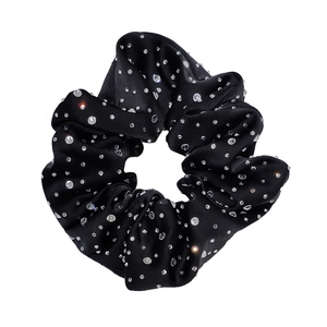 Elegant black satin oversized scrunchie with sparkling white rhinestones for women