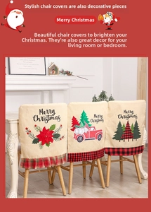 Detail view of linen Christmas chair covers with festive prints and red plaid ruffles