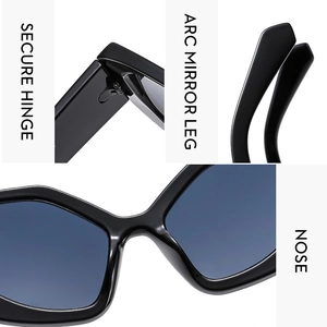 Macro view of secure hinge, arc mirror legs and nose pads on black polygon sunglasses