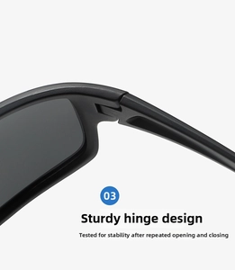 Close-up of durable reinforced hinges on black polarized outdoor sports sunglasses