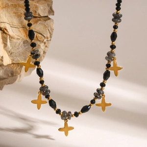 Beaded stainless steel necklace with stone beads and gold cross star charms for women