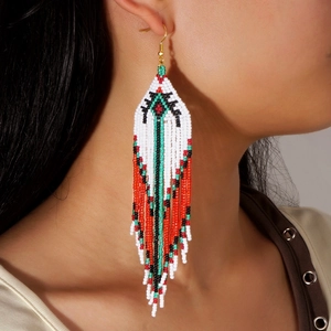 Bohemian Handmade Woven Glass Seed Bead Long Tassel Earrings Ethnic Geometric Pattern Ethnic Jewelry For Women