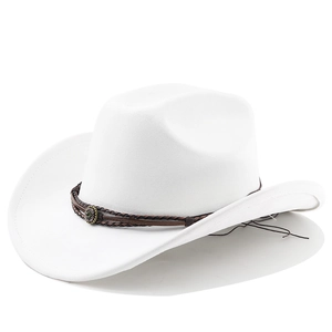 Detail of white western suede cowboy hat with brown braided leather band and metal logo