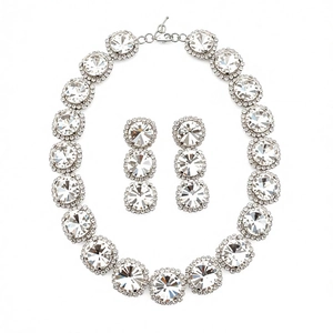 Sparkling silver necklace and earrings set with round crystal fringe and tassels