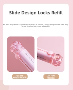 Detail view of the cat paw eraser showing the push-pull sliding button and locking mechanism