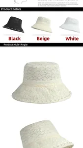 Detail of lace sun hat with elegant pearl trim and breathable mesh texture