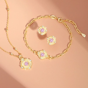 Pink heart crystal S925 sterling silver jewelry set including necklace, bracelet and earrings
