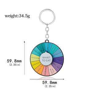 Detail view of colorful food spinner keychain with 59.8mm diameter and 34.5g weight