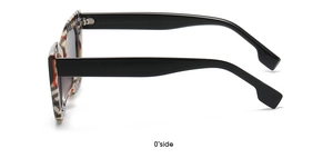 Side view of trendy cat-eye sunglasses with classic plaid pattern and black temples
