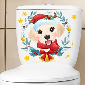 Close-up of Christmas dog toilet sticker with puppy and festive holiday wreath