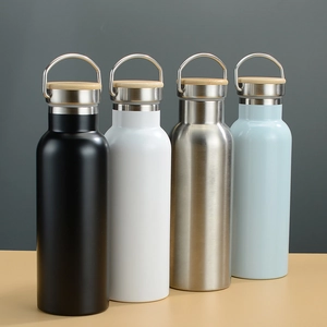 Insulated stainless steel water bottles with bamboo lids and metal handles in four colors