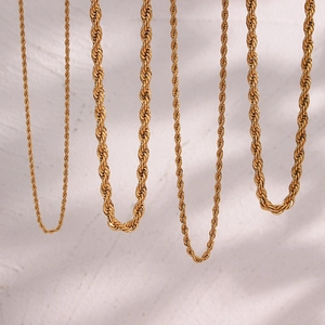 Detailed comparison of various sizes of 18K gold plated rope chain necklaces