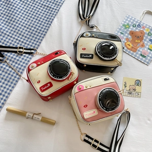 Cute retro camera shaped crossbody bags for women in red, black, and pink colors
