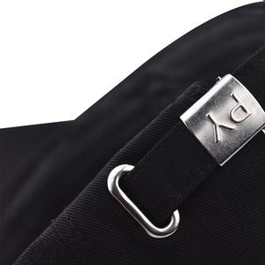Macro shot of cotton canvas strap with silver metal ring and engraved PY buckle detail