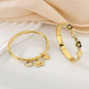Vintage 18K gold plated stainless steel clover bangles with crown and heart charms