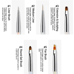 Professional 5-piece nail art brush set with metal handles for liner and ombre painting