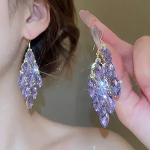 Elegant purple leaf tassel drop earrings with crystals and gold finish for women