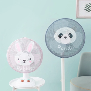 Polyester mesh fan cover for kids safety featuring cute pink rabbit and blue panda prints