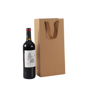 Brown kraft paper wine gift bag with sturdy flat handles for single bottle packaging