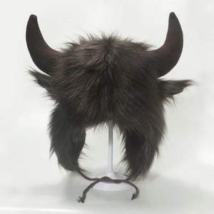 Funny brown faux fur trapper hat with horns and earflaps for winter parties
