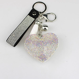 Portachiavi a cuore con strass AB, cinturino di diamanti neri e nappa bianca chic