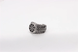 Close-up of vintage Viking Compass ring in stainless steel with Nordic Runes engravings