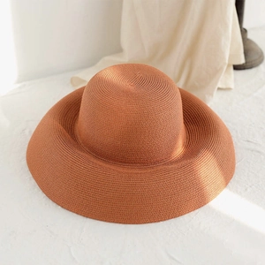 French vintage wide brim straw sun hat in deep camel for summer beach sun protection