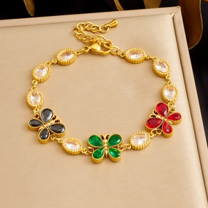Butterfly Bracelet Gold Plated Stainless Steel Oval Clear Zircon Multi Color Gemstone Adjustable Elegant Jewelry For Women