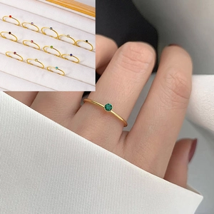 Gold stainless steel thin ring for women featuring colorful zircon birthstones