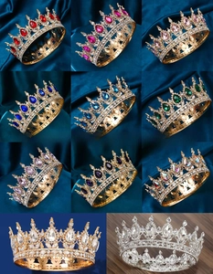Detailed grid of luxury bridal crowns with colorful teardrop rhinestones on velvet