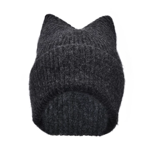 Detailed view of dark grey cat ear knit hat with thick ribbed texture for winter warmth