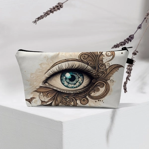 Canvas evil eye makeup bag on display stand with lavender decor for travel storage