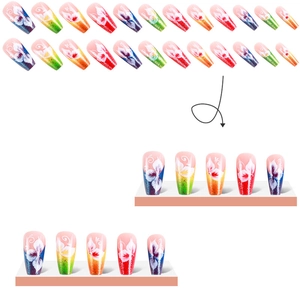 Colorful floral press-on nails with glitter butterflies and hand-painted flower designs