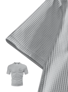 Close-up of grey waffle knit fabric texture and pocket detail on men's t-shirt