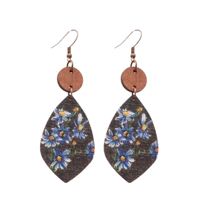 Bohemian teardrop wooden earrings with blue daisy print and vintage retro ethnic style