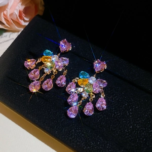 Sparkling silver needle earrings with multicolored crystal heart and water drop tassels