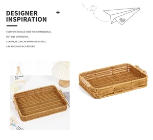 Rectangular woven fruit tray with natural brown texture and dual wooden handles