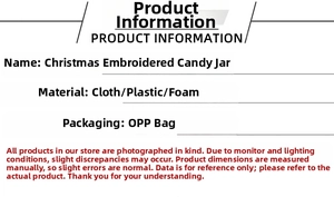 Detailed product specifications for Christmas embroidered candy jars made of fabric and plastic
