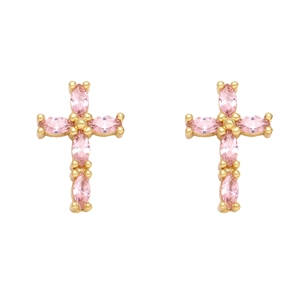 Hip hop cross stud earrings with pink marquise zircon in gold plating on white background