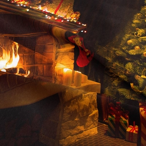 Detailed close-up of a festive Christmas tapestry with fireplace and glowing tree patterns