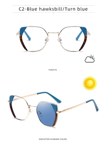 Detail showing square metal frames changing from blue tortoise to tinted blue lenses