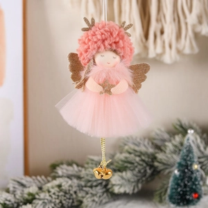 Pink plush Christmas angel ornament with sequins, reindeer antlers, and golden bells