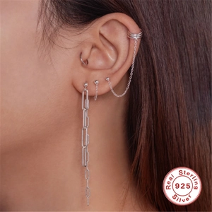 S925 sterling silver paperclip tassel earrings and ear cuff with pearl diamond accents