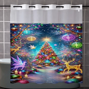 Detail of Christmas shower curtain featuring glowing trees, reindeer, and white hanging rings