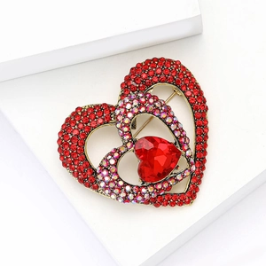 Elegant alloy heart brooch with sparkling red and iridescent rhinestones for women