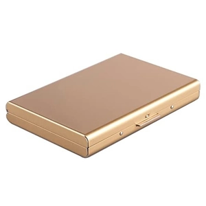 Slim champagne gold metal card case with matte finish and secure push-button clasp detail