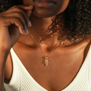 Minimalist S925 sterling silver double cross necklace with zircon stones on model